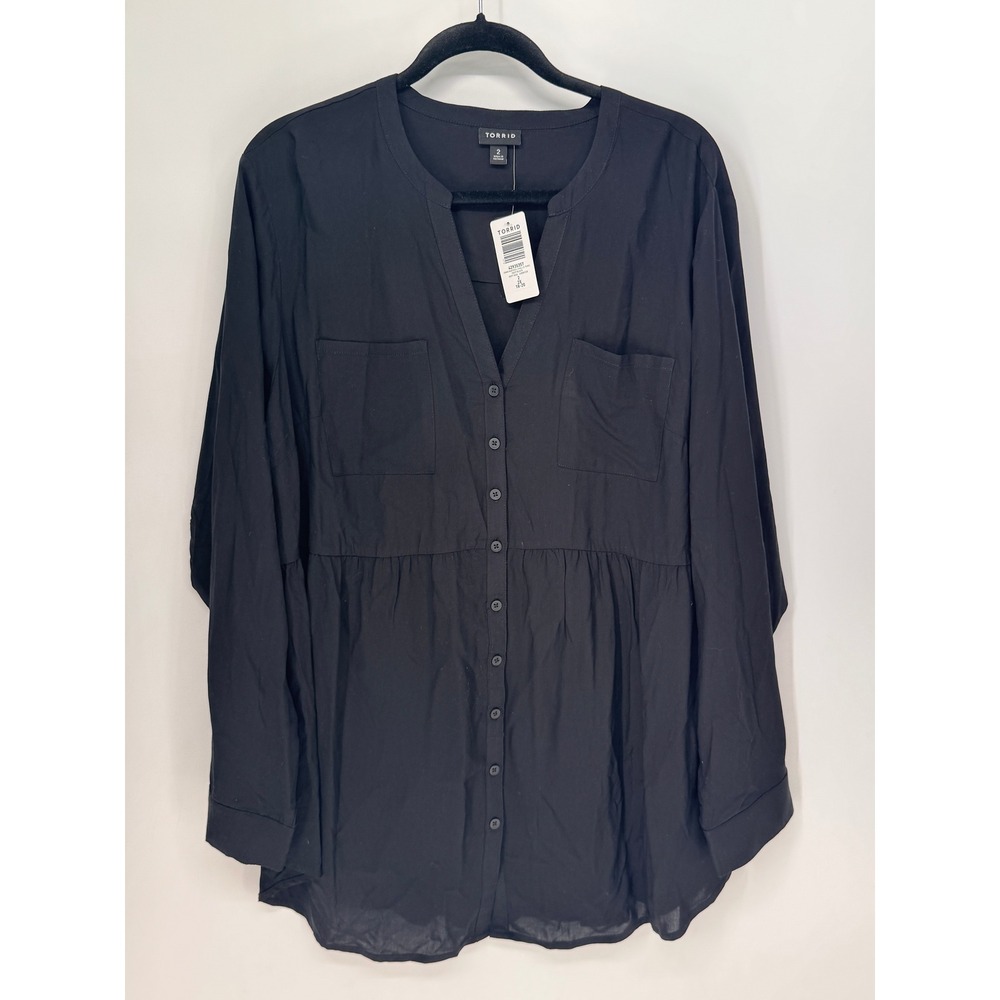 Torrid Tunic Women 2 Black NWT Emma Babydoll Challis Button Front Peplum Pocket